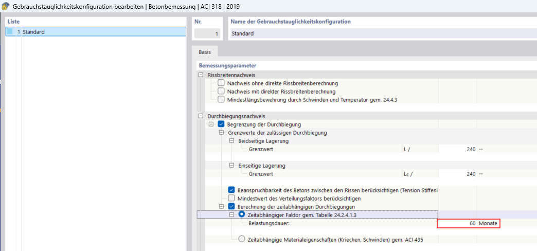 ACI Gebrauchstauglichkeitskonfiguration | Zeitabhängiger Faktor gem. Tabelle 24.2.4.1.3