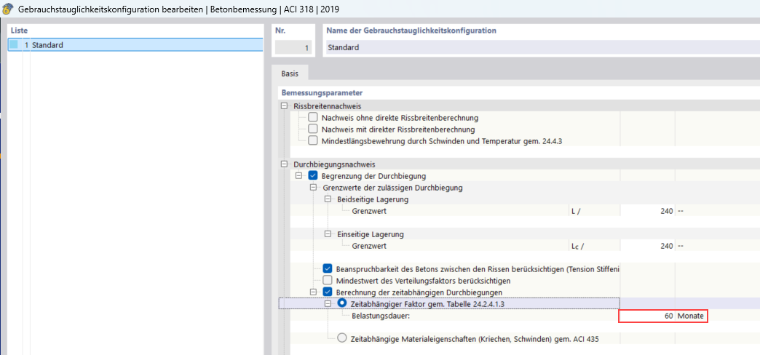 ACI Gebrauchstauglichkeitskonfiguration | Zeitabhängiger Faktor gem. Tabelle 24.2.4.1.3