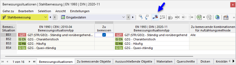 Stahlbemessung mit Schaltfläche in Tabelle starten