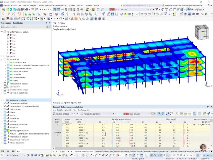 Modell eines Holzgebäudes mit analysierten Verformungen in RFEM.