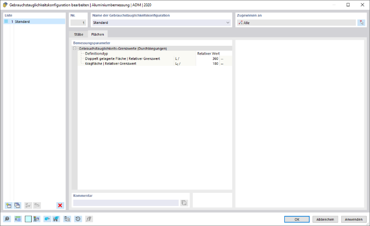 Dialog 'Gebrauchstauglichkeitskonfiguration bearbeiten', Register 'Flächen'