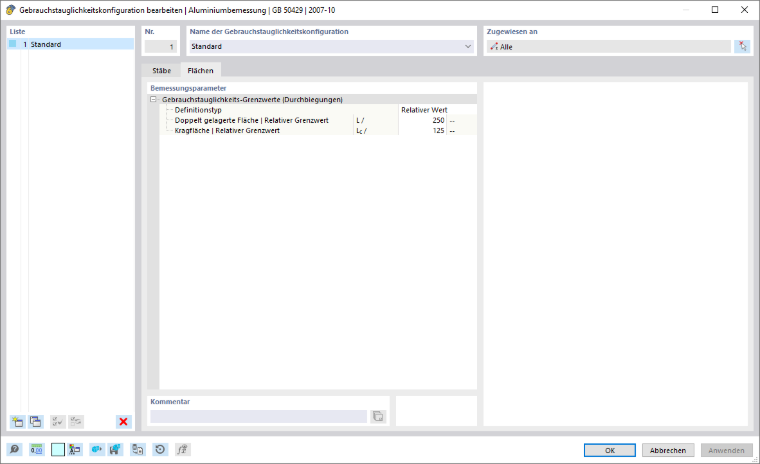 Dialog 'Gebrauchstauglichkeitskonfiguration bearbeiten', Register 'Flächen'