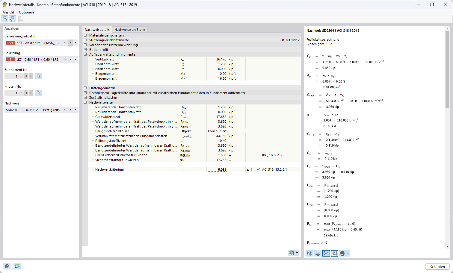 RFEM 6 Gleiten Einzelfundament Nachweis Horizontalkraft Reibung passiver Erddruck Ausnutzungsgrad