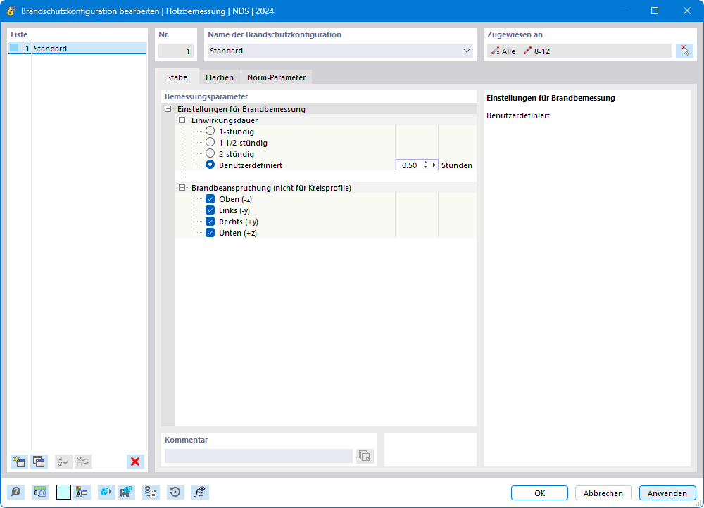 Dialog 'Brandschutzkonfiguration bearbeiten | NDS