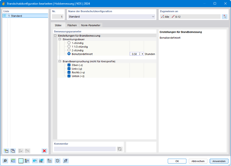 Dialog 'Brandschutzkonfiguration bearbeiten | NDS