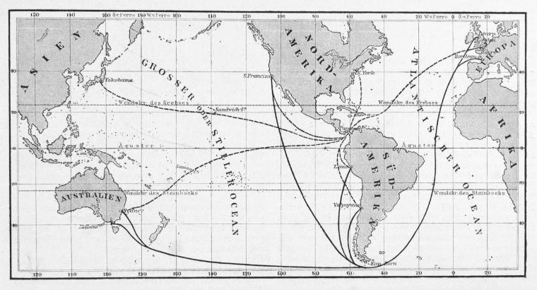 Historische Karte von 1881 zeigt prognostizierte und bestehende Handelsrouten durch den Panama-Kanal.