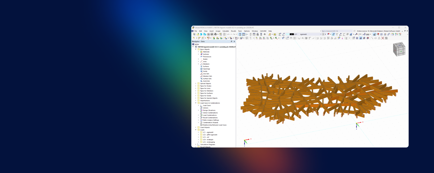 Detailansicht einer beeindruckenden Holzdachkonstruktion einer modernen Tankstelle. RFEM-Modellvisualisierung.