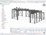 Stahlkonstruktion erstellt als RFEM-Modell für die Abschirmung eines Experimentierfeldes. Berechnung statischer Lasten angezeigt.
