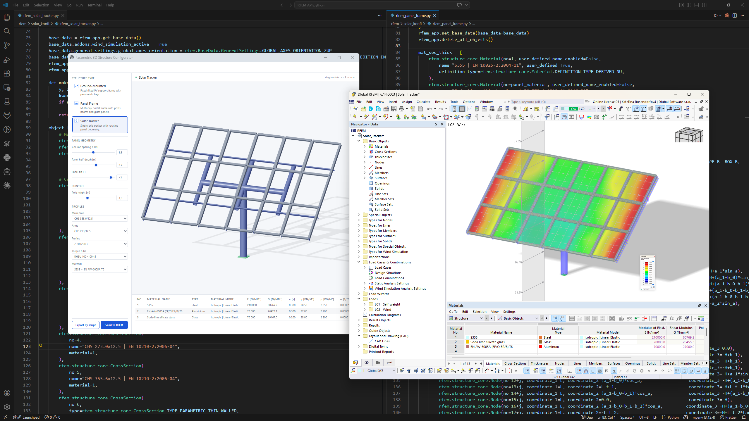 Visualisierung einer Solartracker-Konstruktion in RFEM 6 mit API- und Python-Skript-Integration.