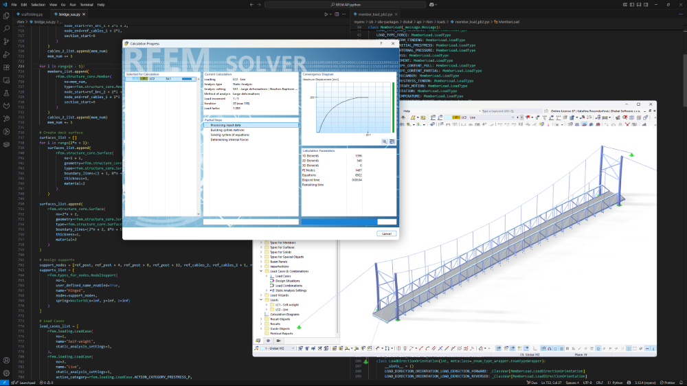 Die Benutzeroberfläche von RFEM 6 zeigt ein Stahlbrückenmodell mit Funktionen zur Integration von Python-Skripten für fortgeschrittene statische Berechnungen.