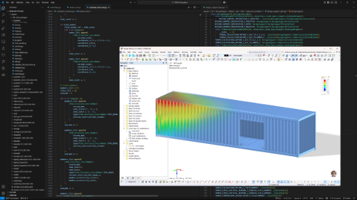Eine in RFEM 6 mit einer Python-Skript-Schnittstelle modellierte Stahlcontainerkonstruktion, die die Integration von API-Funktionen in die Funktionen einer technischen Software veranschaulicht.