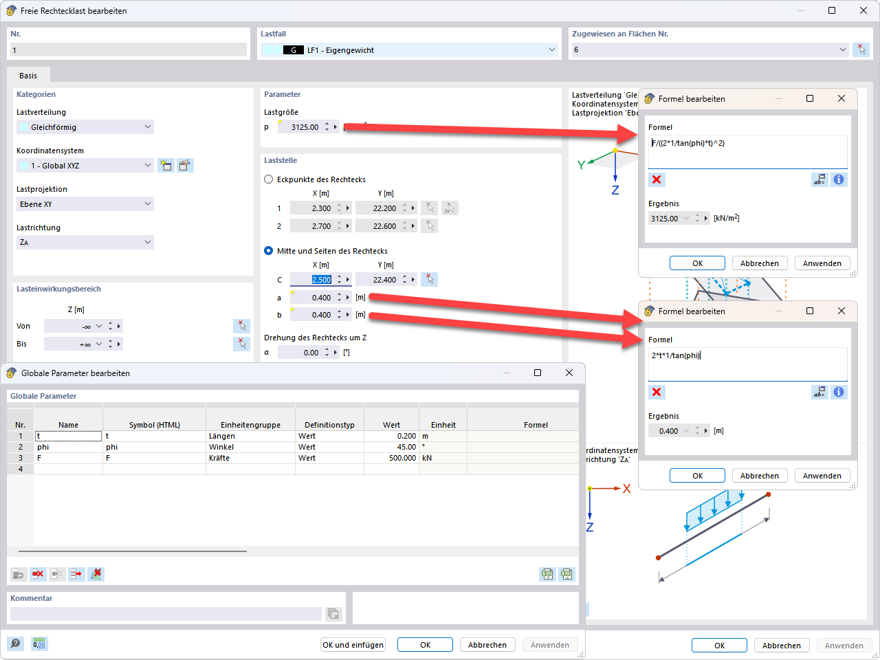 RFEM 6 zeigt die Umwandlung einer Punktlast in eine Flächenlast, um Singularitäten zu vermeiden.