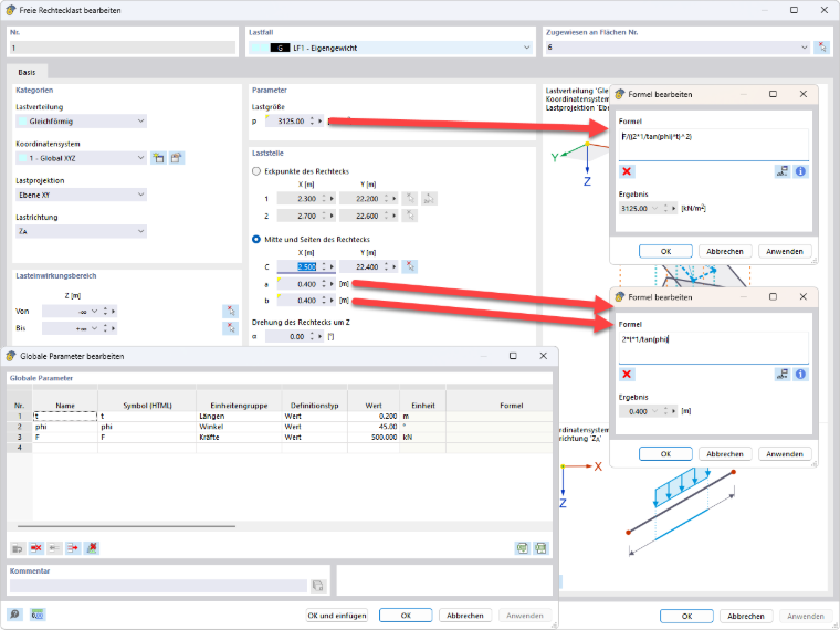 RFEM 6 zeigt die Umwandlung einer Punktlast in eine Flächenlast, um Singularitäten zu vermeiden.