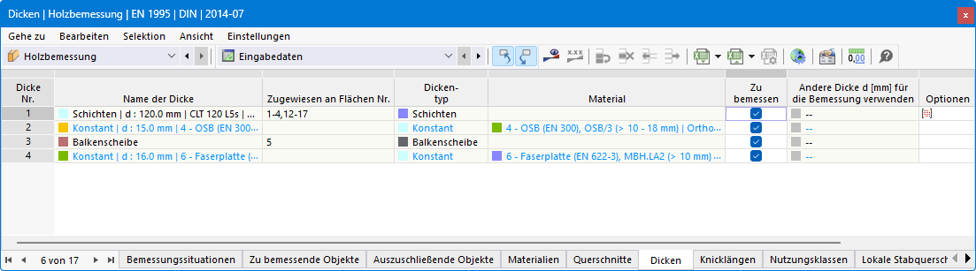 Tabelle 'Dicken' für Holzbemessung