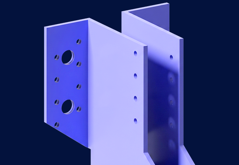 3D-Darstellung eines Balkenschuhs, erstellt mit dem RFEM 6-Add-On Komponenten, mit Details zur strukturellen Integration.