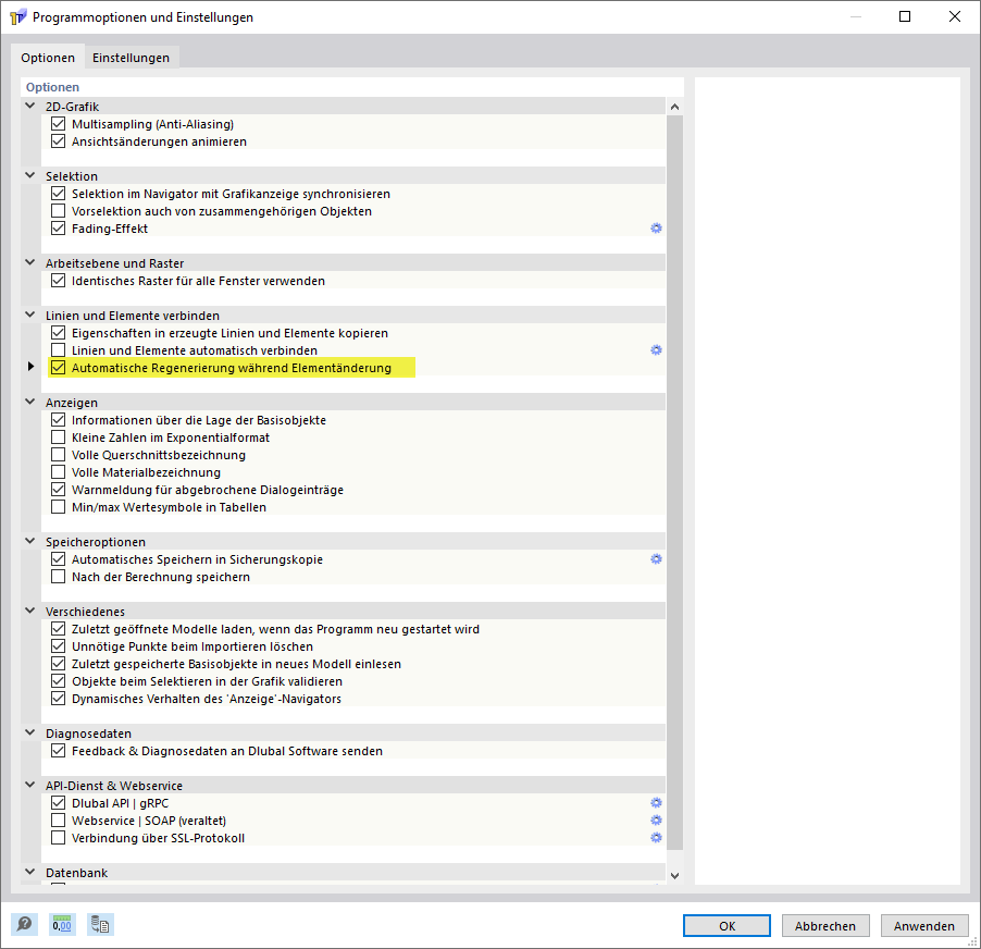 Dialog 'Programmoptionen und Einstellungen'