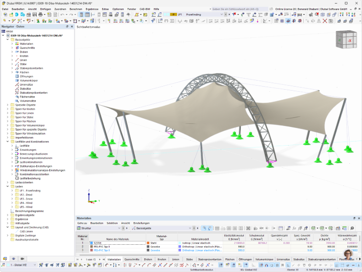 Detaillierte Darstellung einer Membrandachkonstruktion im RFEM-Softwaremodell.