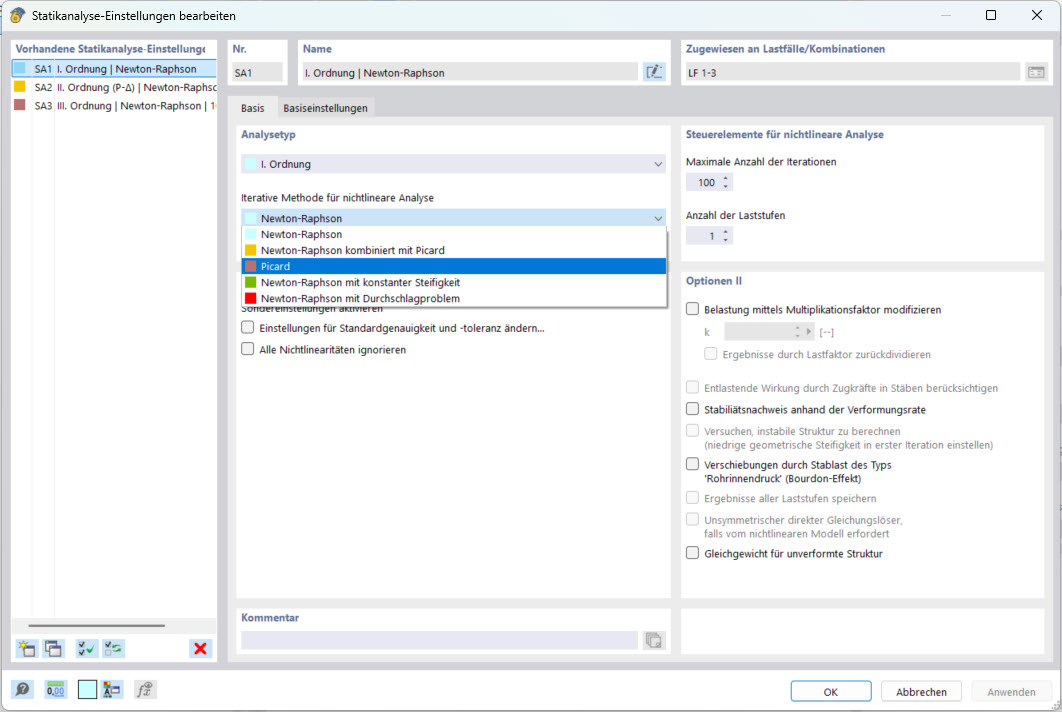 change the iterative method for nonlinear analysis in the static analysis settings from Newton-Raphson to Picard
