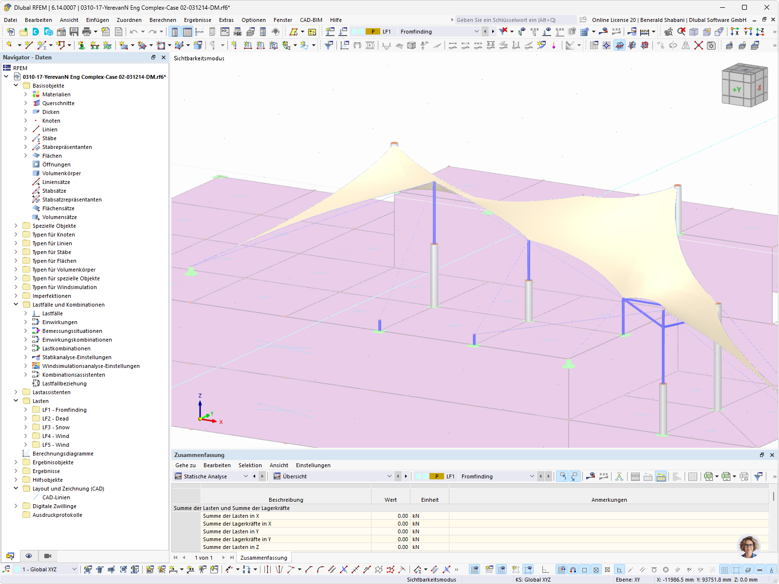 3D-Modell einer einwirkenden Last veranschaulichen Membranüberdachung in statischer Analyse.