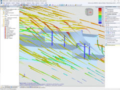 Computersimulation der Windströme an einer Struktur mit Membranoberflächen. Modelle und visuelle Darstellungen zur Unterstützung der Strukturanalyse.