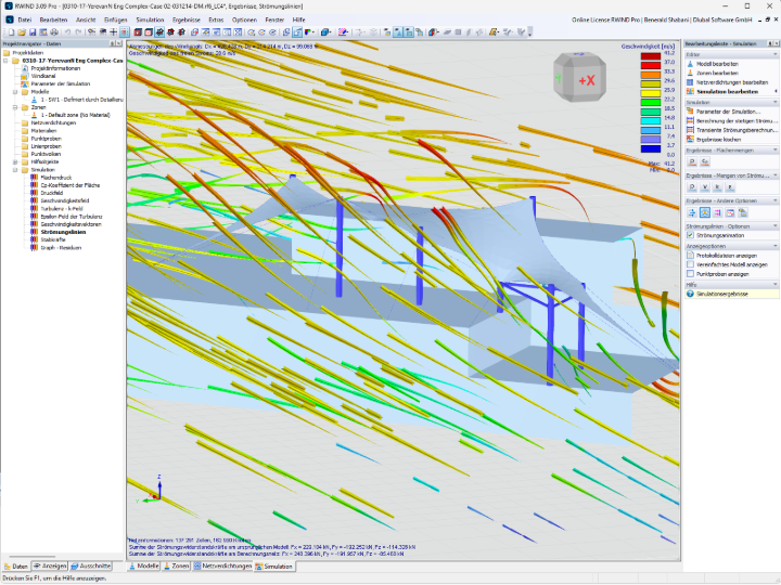 Computersimulation der Windströme an einer Struktur mit Membranoberflächen. Modelle und visuelle Darstellungen zur Unterstützung der Strukturanalyse.