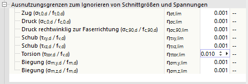 Ausnutzungsgrenzen zum Ignorieren von Schnittgrößen und Spannungen festlegen