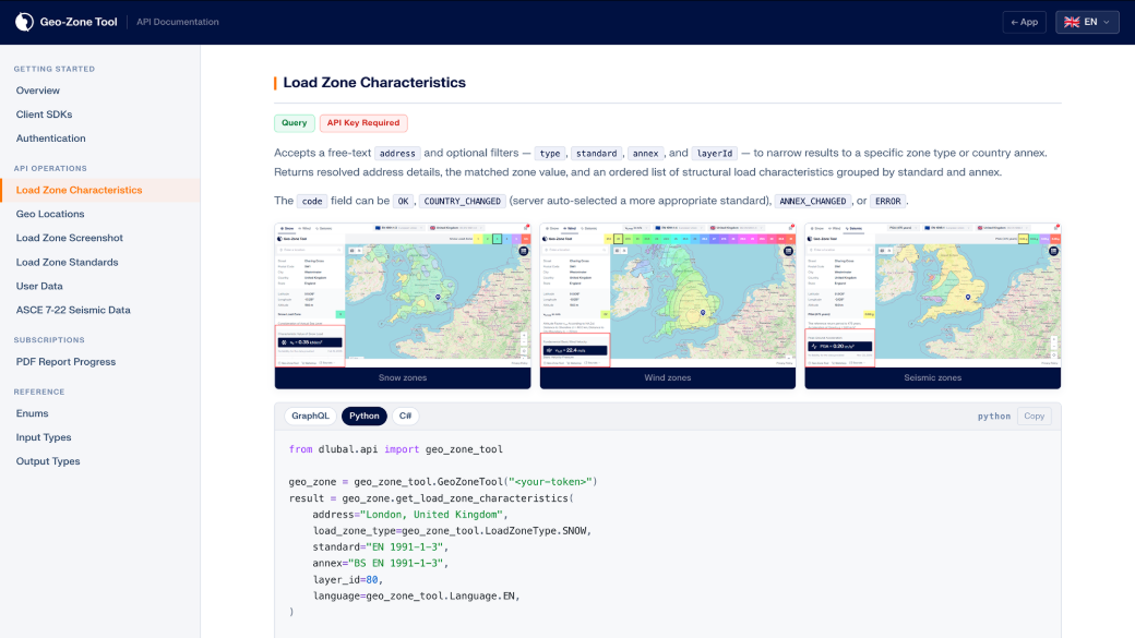 Screenshot der Online-API-Dokumentation des Geo-Zonen-Tools bei Dlubal, der detaillierte Beschreibungen und Programmieranweisungen zeigt.