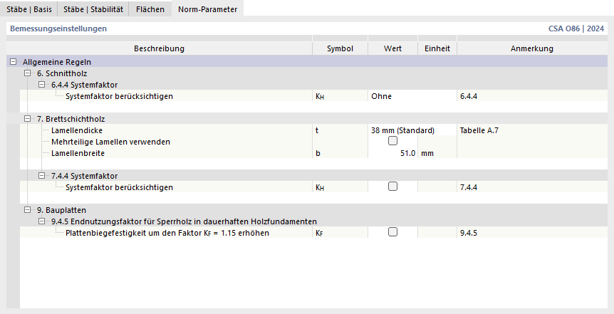 Register 'Norm-Parameter' für Holzbemessung nach CSA