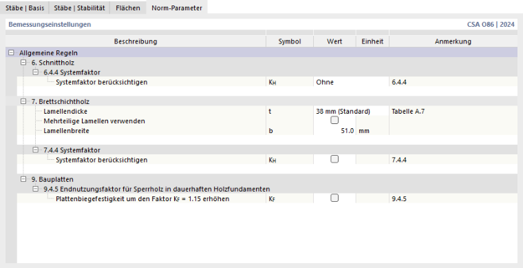 Register 'Norm-Parameter' für Holzbemessung nach CSA
