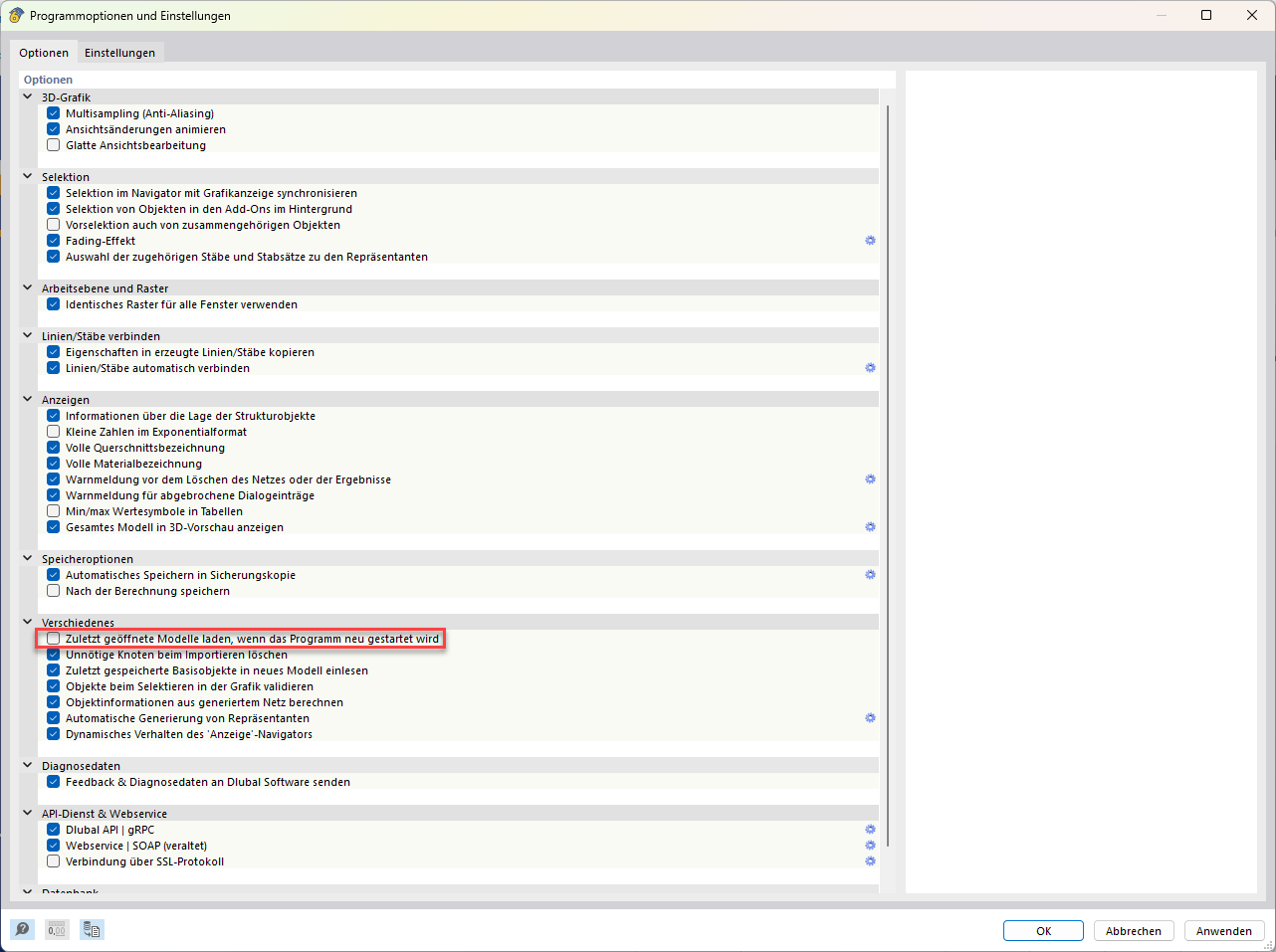 Dialog für die Programmoptionen und Einstellungen