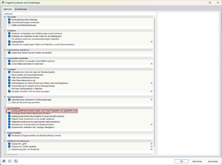 Dialog für die Programmoptionen und Einstellungen