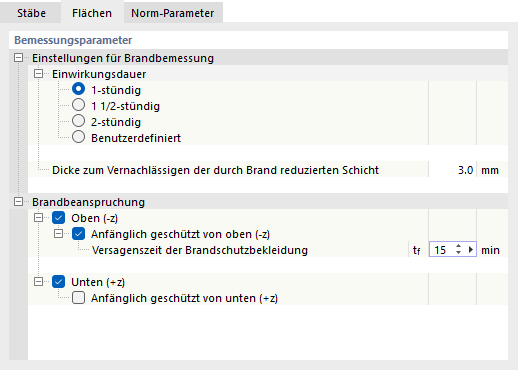 Register 'Flächen' für Brandschutzkonfiguration nach NDS