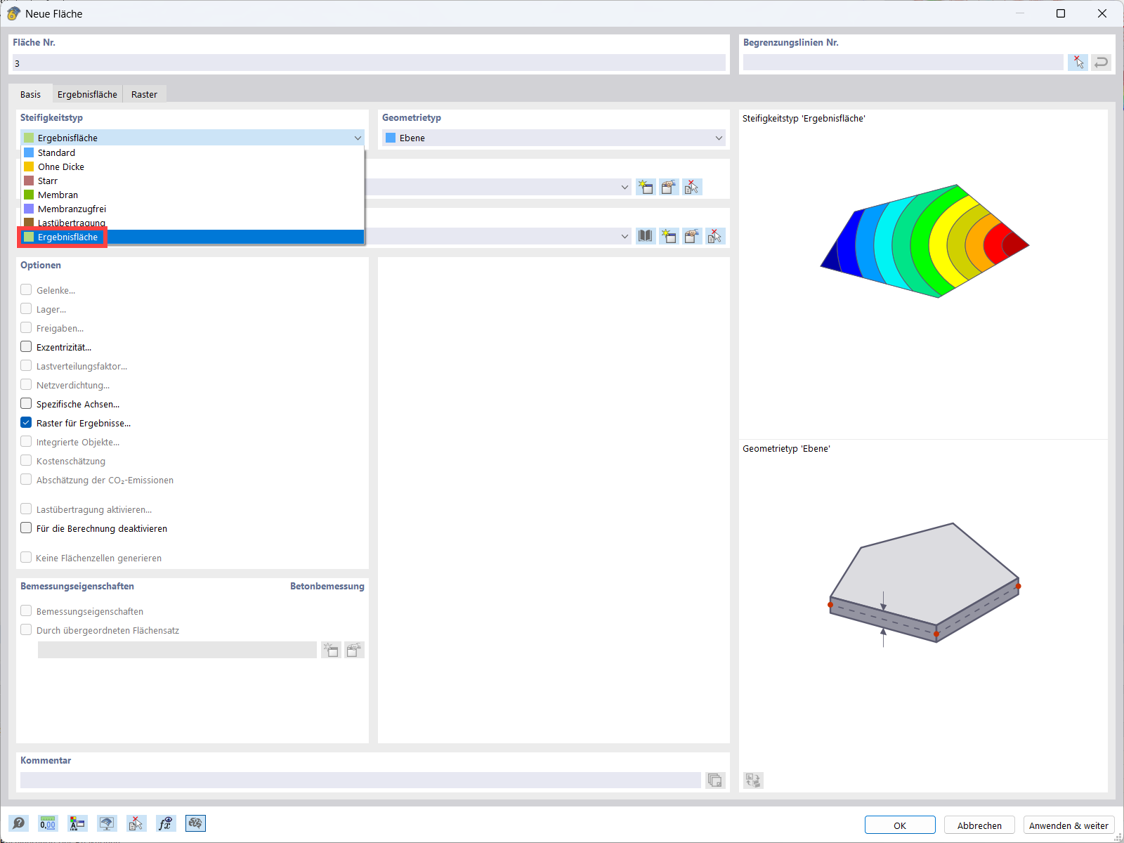 SteifigkeitstypsErgebnisfläche im RFEM zur Integration von Kräften.