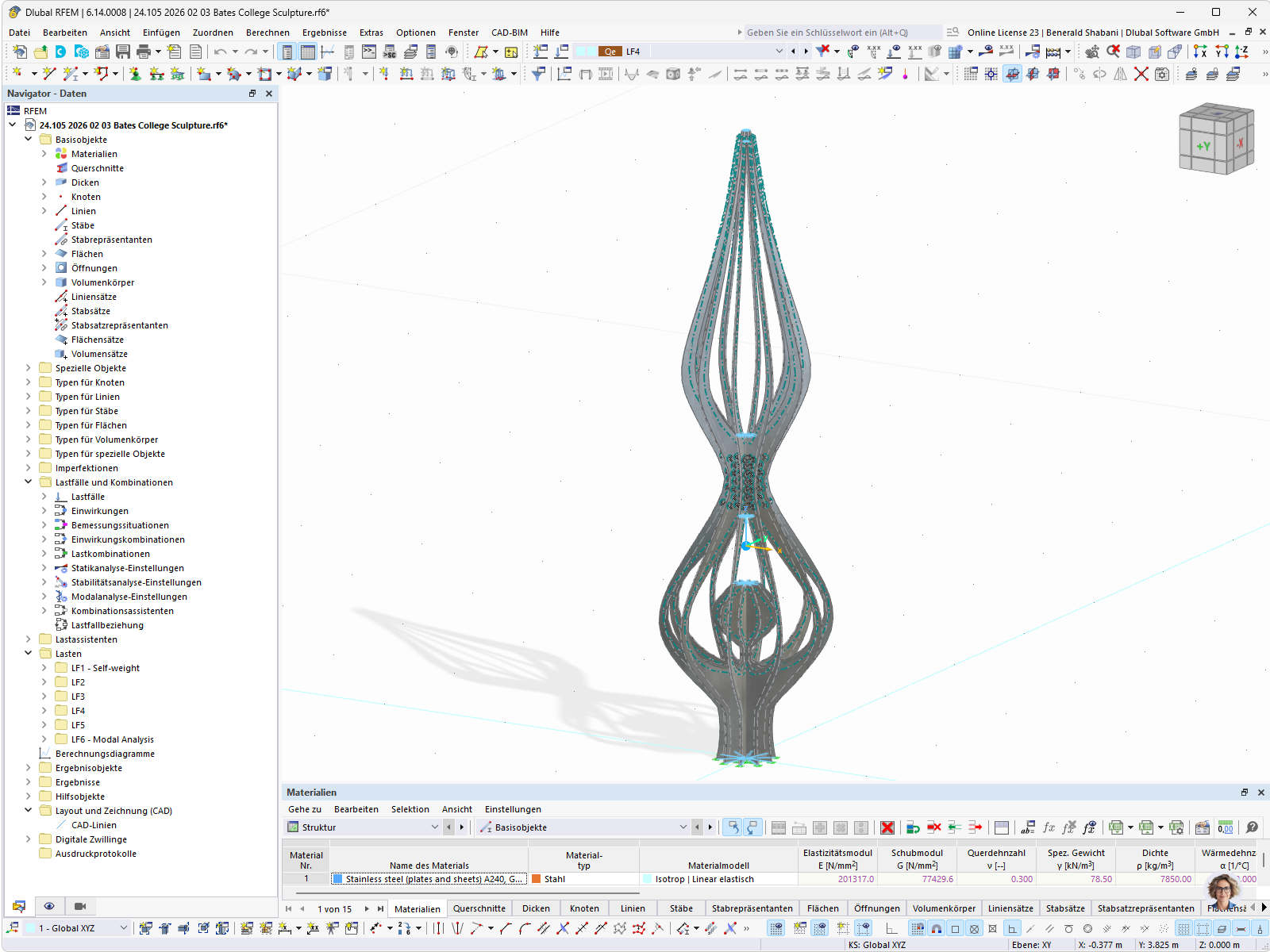 Stahlkonstruktion im RFEM-Modell dargestellt, veranschaulicht die Strukturdetails des Kunstwerks.