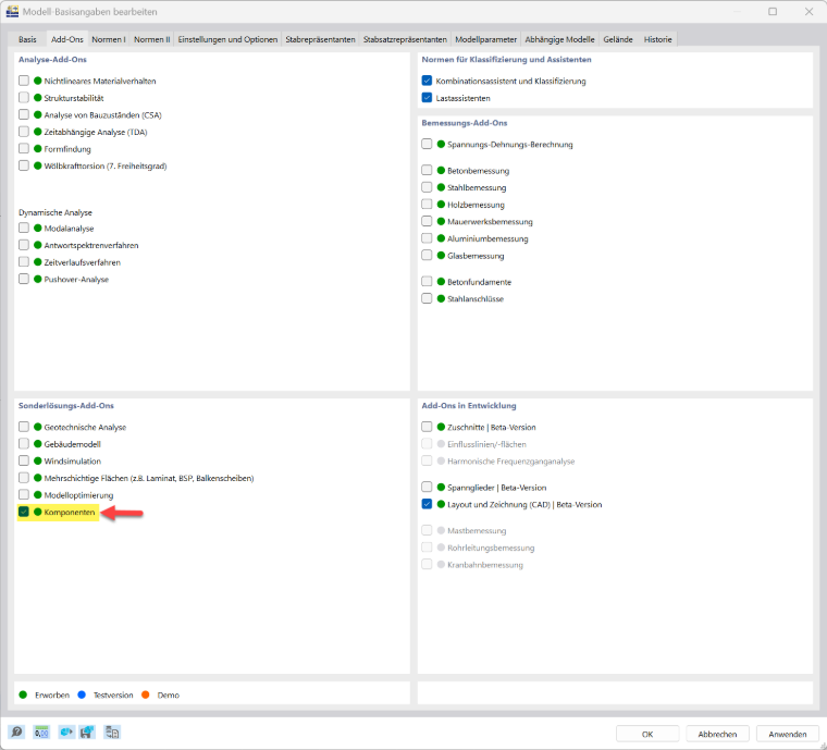 Das Add-On Komponenten wird unkompliziert installiert, benötigt eine zusätzliche Lizenz und wird in den Modell-Basisangaben aktiviert.