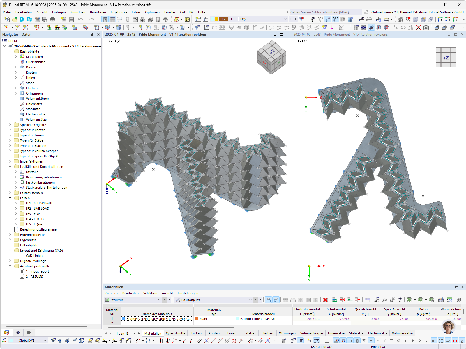 RFEM-Analysemodell eines Stahlmonuments mit detaillierter Tragwerksdarstellung.