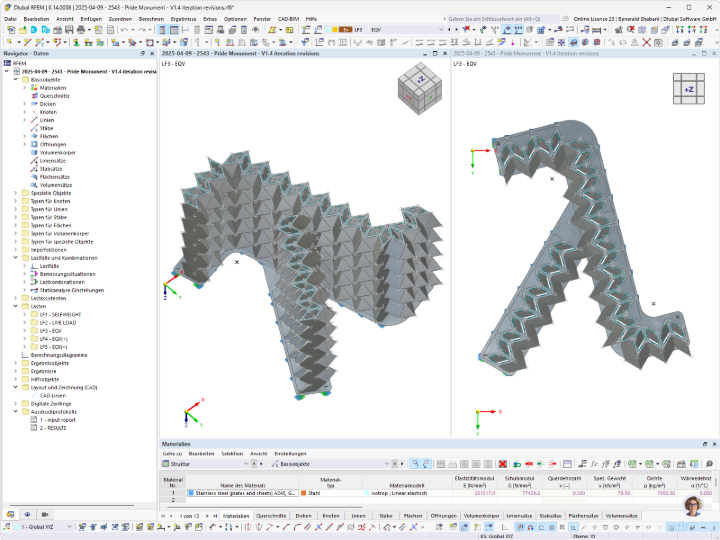 RFEM-Analysemodell eines Stahlmonuments mit detaillierter Tragwerksdarstellung.