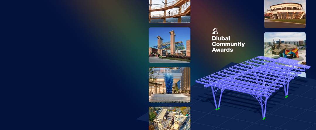 Werbebanner für die Dlubal Community Awards 2026, mit dem Ingenieure weltweit eingeladen werden, ihre RFEM 6-Projekte zu präsentieren.
