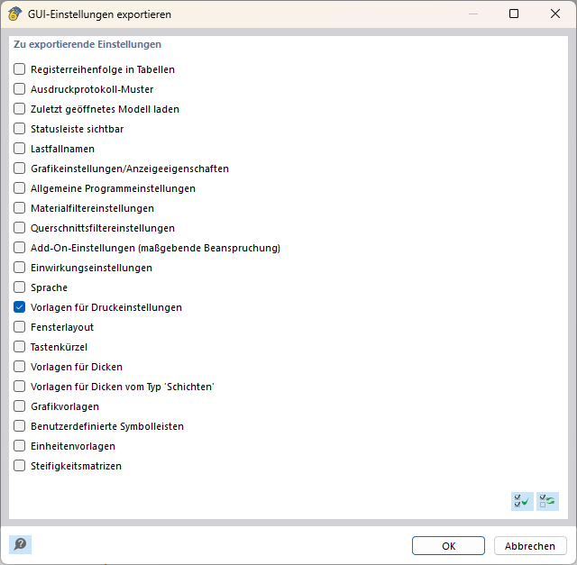 Dialogfenster mit aktivierten Vorlagenoptionen für die Druckeinstellungen der GUI.