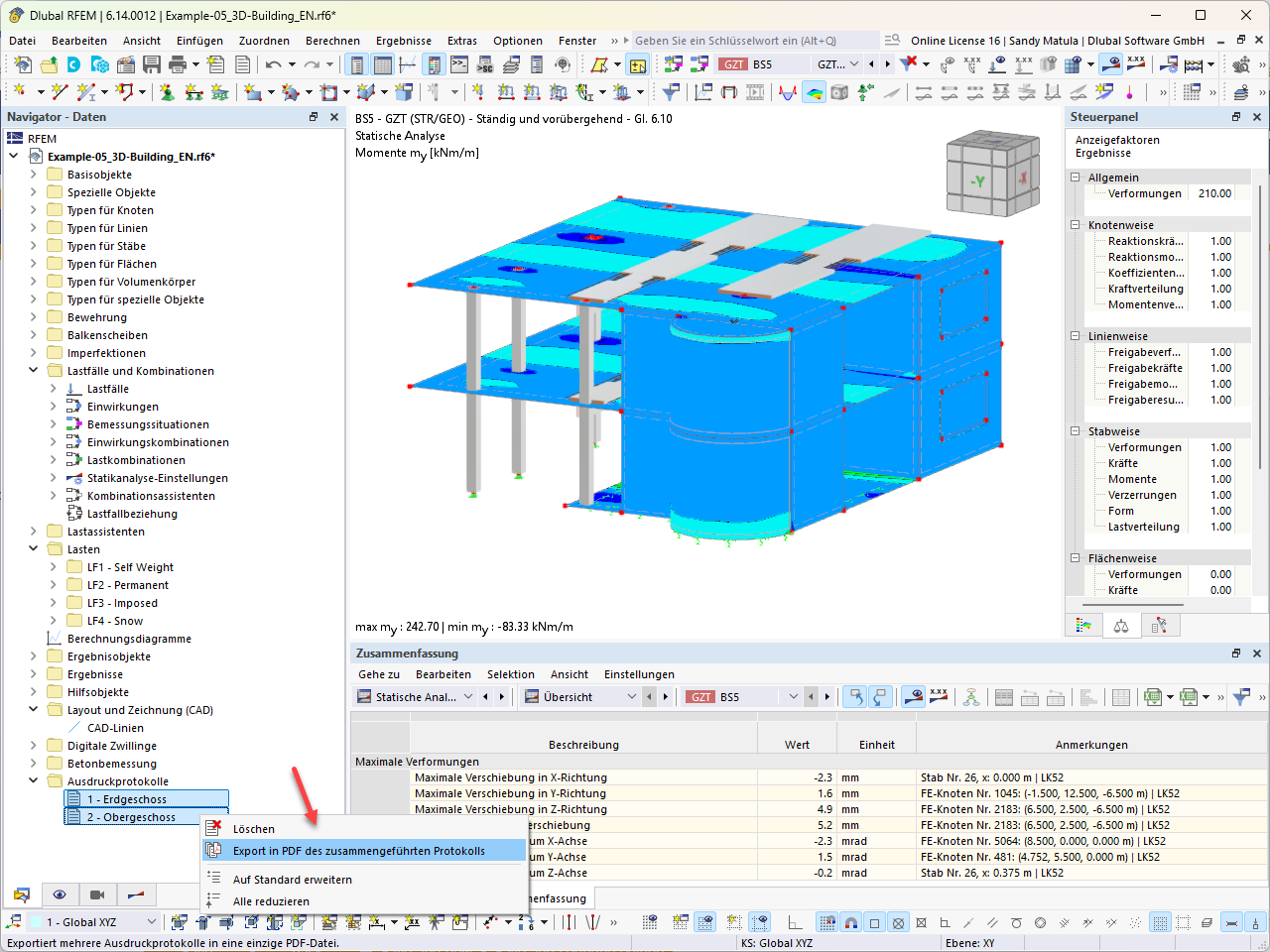 PDF-Exportfunktion für Ausdruckprotokolle in der RFEM-Nutzeroberfläche wird angezeigt.