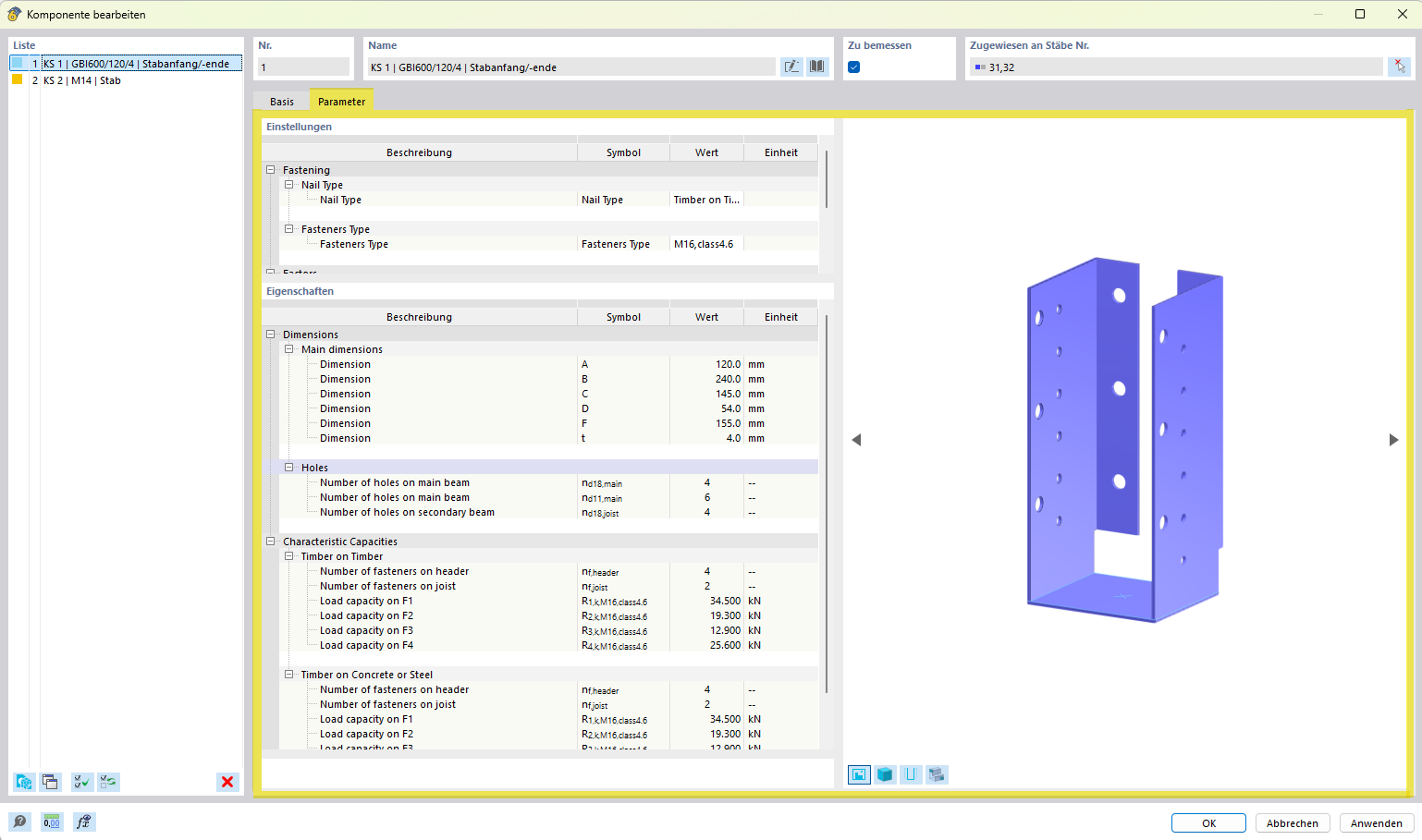 Parameteroptionen zur Komponenteneinstellung im Tab Parameter einer Konstruktionssoftware.