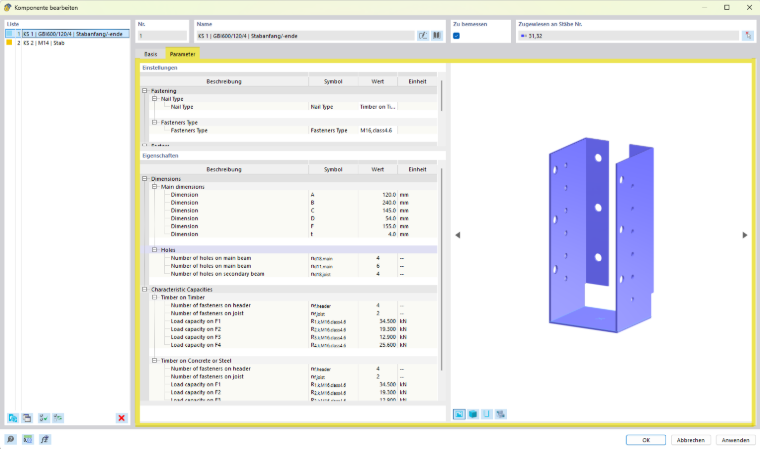 Parameteroptionen zur Komponenteneinstellung im Tab Parameter einer Konstruktionssoftware.