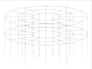 3D-Rastermodell, das eine kreisförmige Gebäudestruktur mit variablen Geschossebenen und Reihenradien darstellt und die architektonischen Gestaltungsmöglichkeiten hervorhebt.