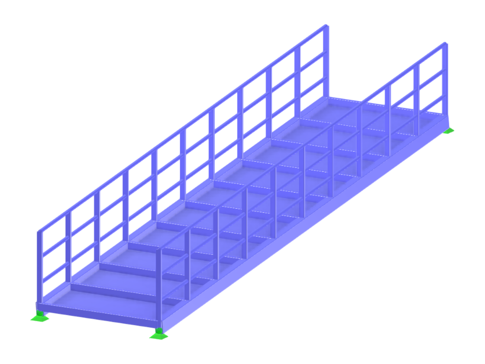 Stahlrampenstruktur mit detaillierten strukturellen Entwurfselementen und Verbindungen.