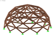 Detaillierte Ansicht einer Geodätischen Holzkuppel mit Hervorhebung des triangulierten Tragwerks und der Holzverbindungen.
