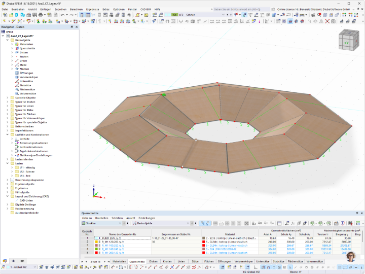 Modell einer Dachkonstruktion aus Brettsperrholz mit RFEM erstellt. Zeigt Details der Tragstruktur.