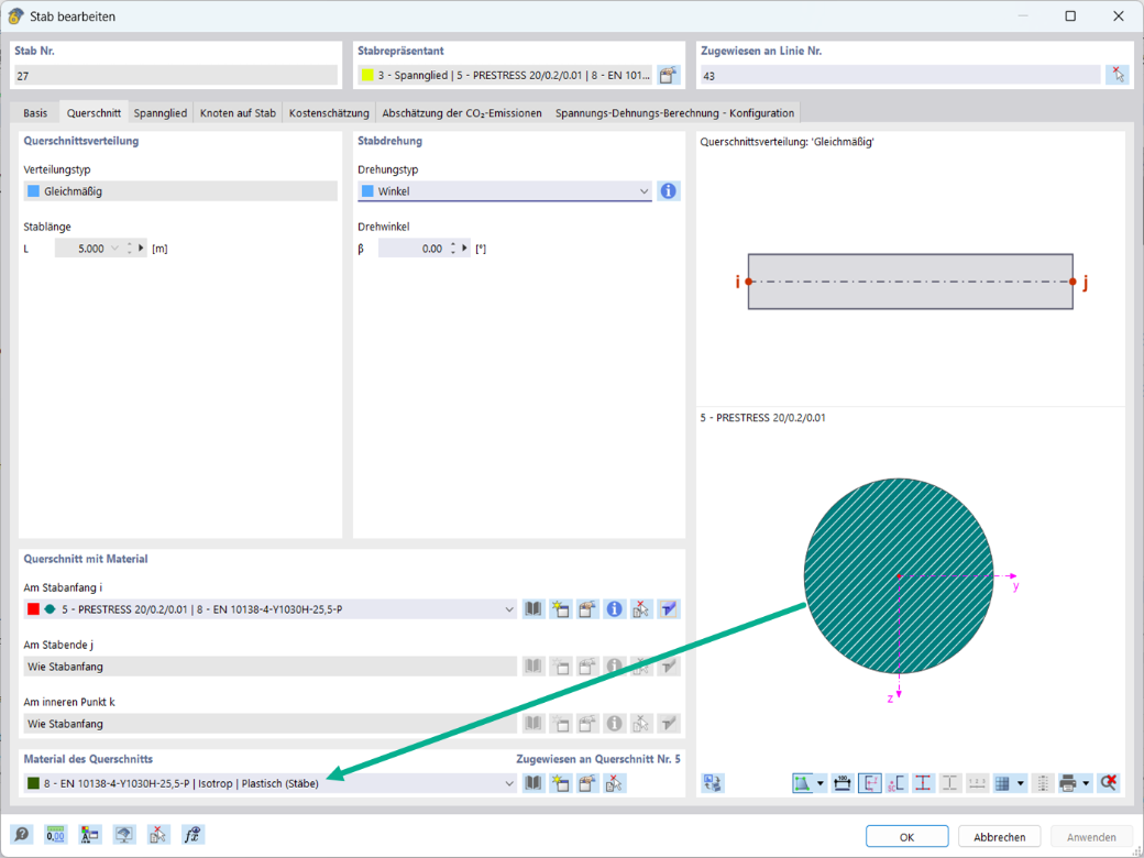 Stabtyp Spannglied mit Darstellung nichtlinearer Materialmodelle für strukturelle Analyse.
