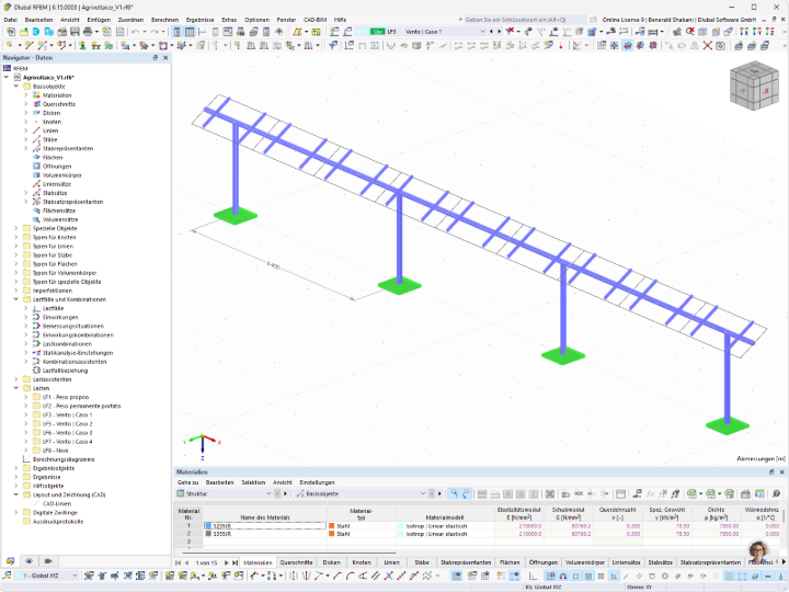 Visualisierung eines RFEM-Modells einer Stahlstruktur zur Unterstützung einer Photovoltaikanlage.