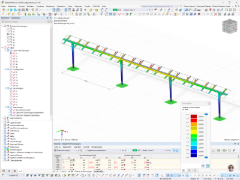 Die Grafik zeigt die Verformungsanalyse eines Strukturmodells in RFEM unter dem Einfluss von Windlasten.