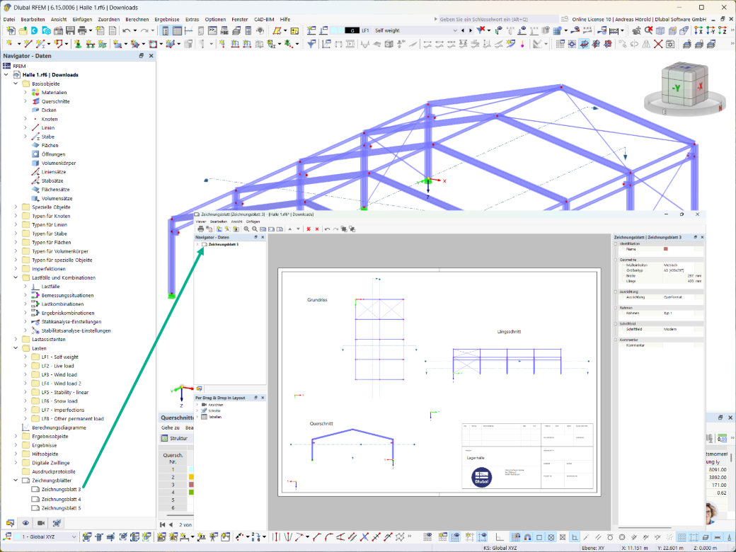 Zeichnungsblatt-Erstellung in RFEM und RSTAB mit Rahmen, Ansichten und Schnitten.